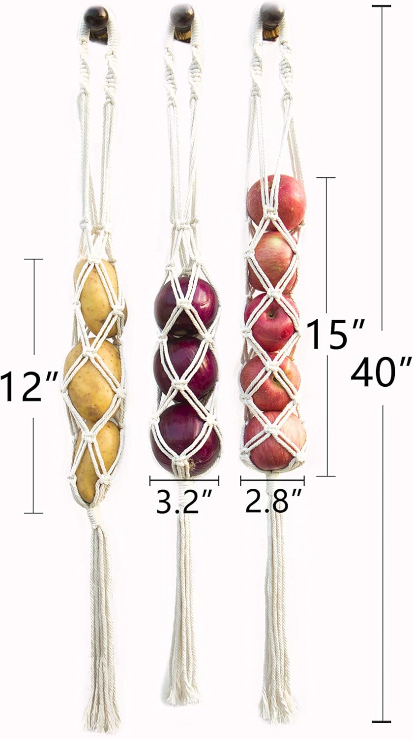 Decocove Hanging Fruit Basket - Boho Basket for Potato, Onion and Fruit Storage - Boho Wall Hanging Decor for Kitchen - Macrame Wall Hanging Basket - Set of 3