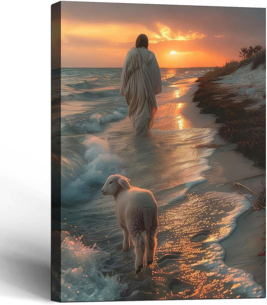 Framed Canvas Jesus and the Lamb Walking on the Beach Wall Decor Wall Art Gallery Decor Unique Print Wall Decor for Living Room Bedroom Church Home Decor 16x24 Inch Ready to Hang