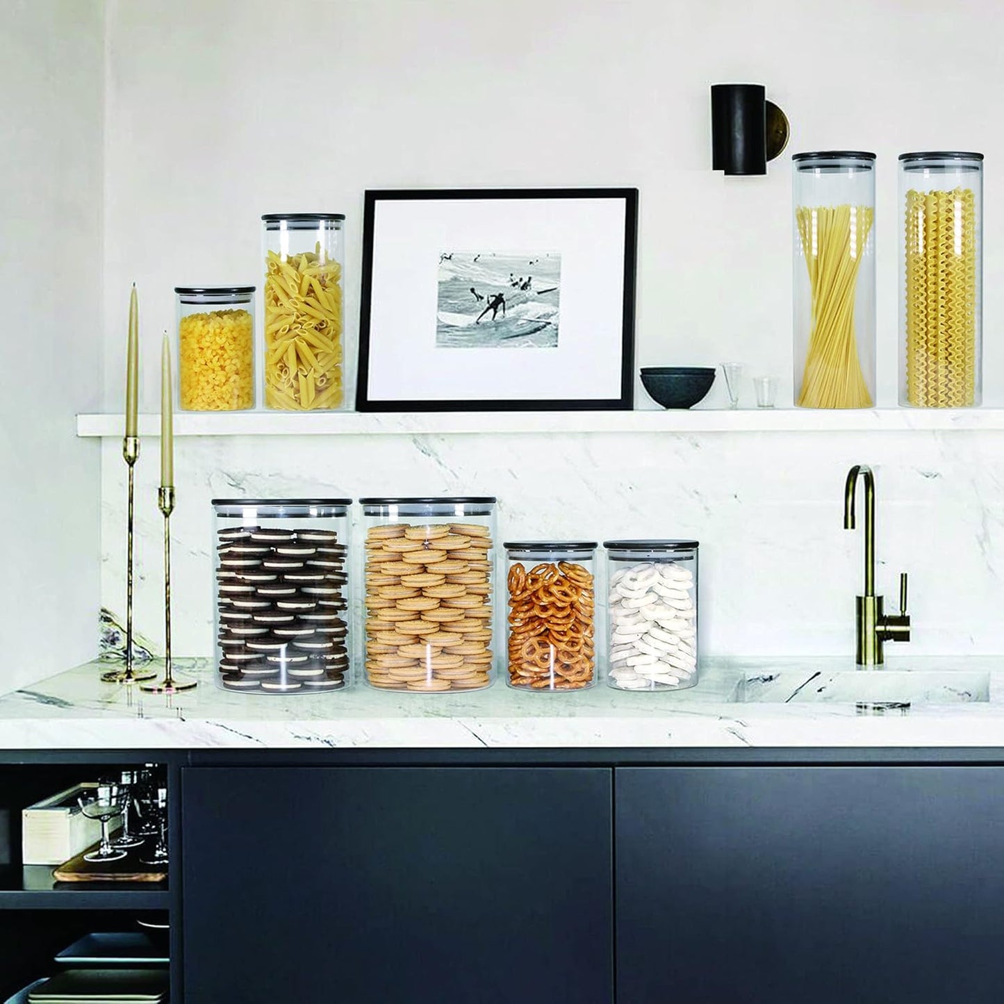 Urban Green Glass Jars with Black Bamboo Lids, Food Storage Containers with Airtight Black Lids, Glass Kitchen Canisters Sets (3 pack of 20oz + 3 pack of 30oz)