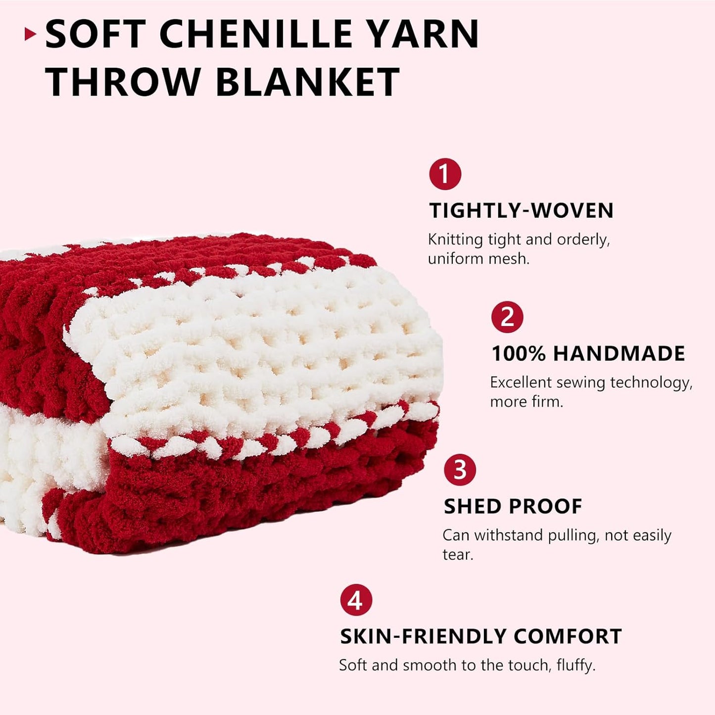 L'AGRATY Chunky Knit Blanket Throw - Soft Chunky Throw Blanket 30x40: 100% Hand Kintted Chenile Crochet Throw Blanket for Couch - Large Cable Knit Chunky Blanket for Home Decor(Red and White)