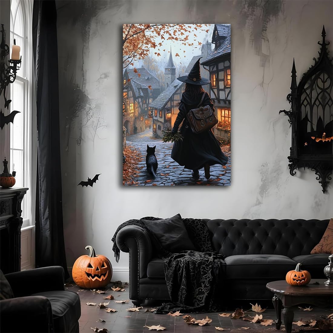 Autumn Witch And Black Cat Picture Wall Decor,Halloween Canvas Vintage Rustic Wall Art,Preppy Bedroom Living Room Bathroom Poster Print,24"x36" Unframed