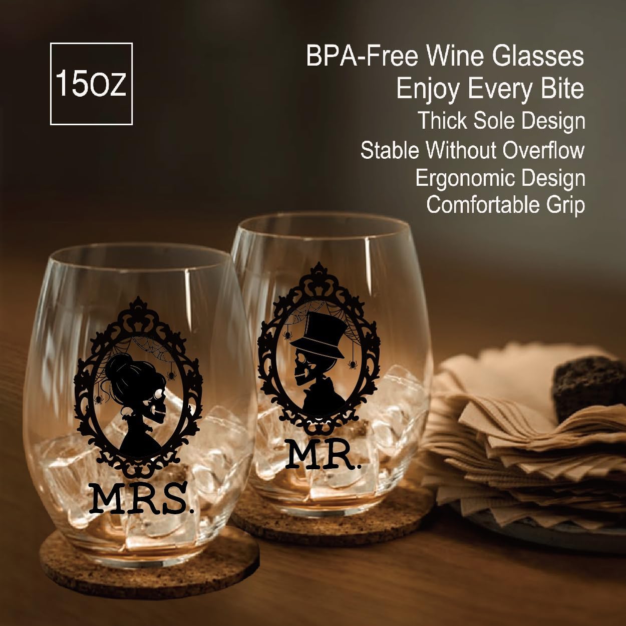 Perfectinsoy Skull Wine Glass 2 Piece with Gift Box, Zombie Design, Valentine's Day Autumn Halloween, Anniversary Wedding Gifts, Couple Gifts for Boyfriend and Girlfriend. (Mrs Mr Set of 2)