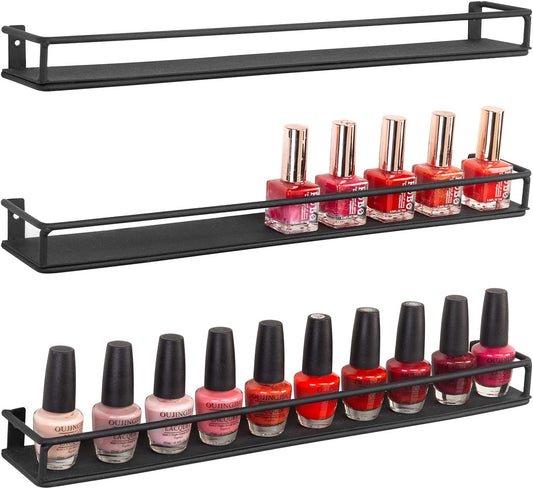 MyGift Set of 3 Wall-Mounted Black Metal Nail Polish and Essential Oils Display Shelves, Kitchen Spice Jars Rack