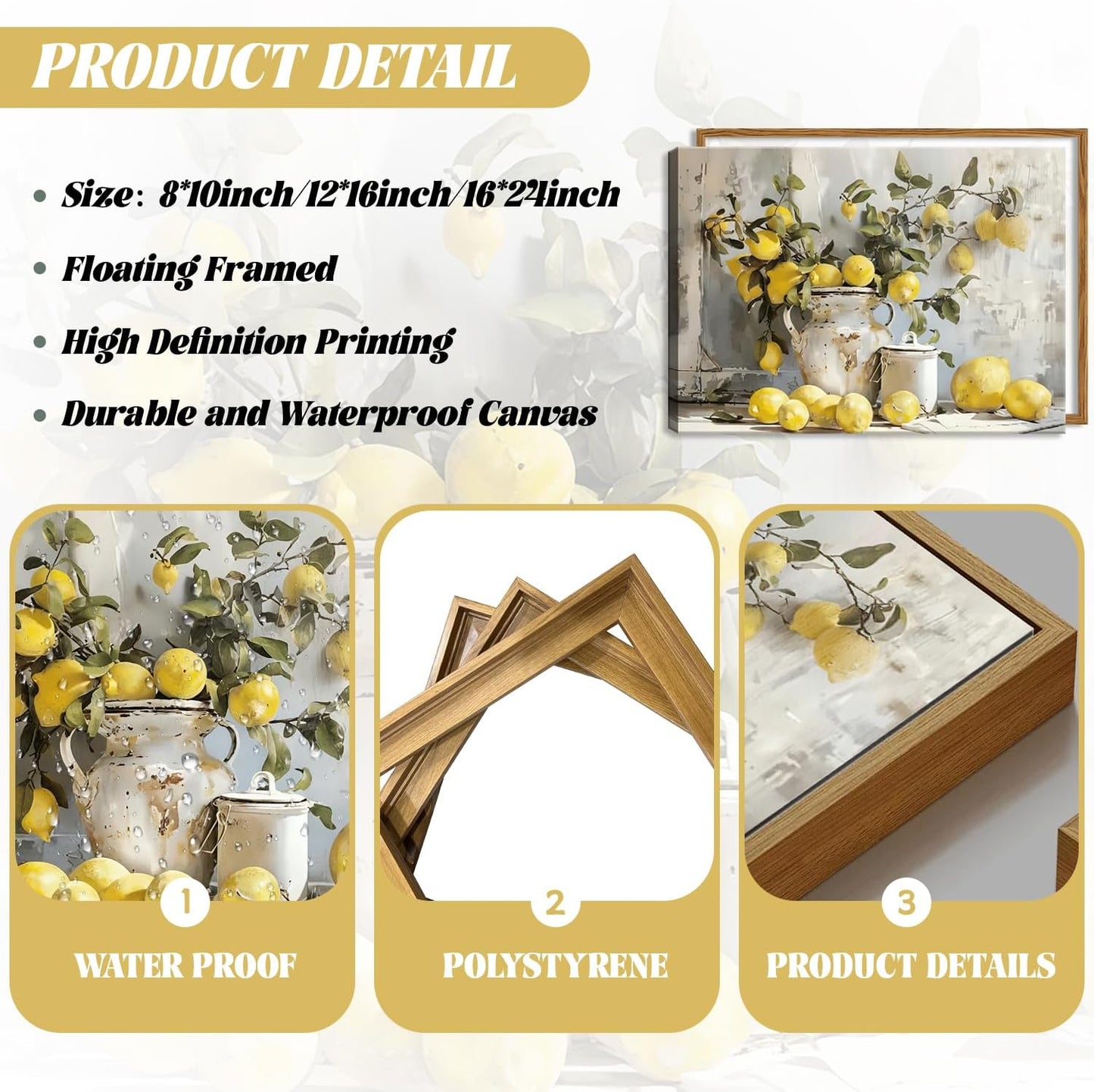 Framed Lemon Kitchen Wall Decor for Dining Room - Vintage Mustard French's Yellow Lemon Kitchen Wall Art, Rustic Oil Paintings Posters Prints for Bathroom Living Room Bedroom 16x24 inch