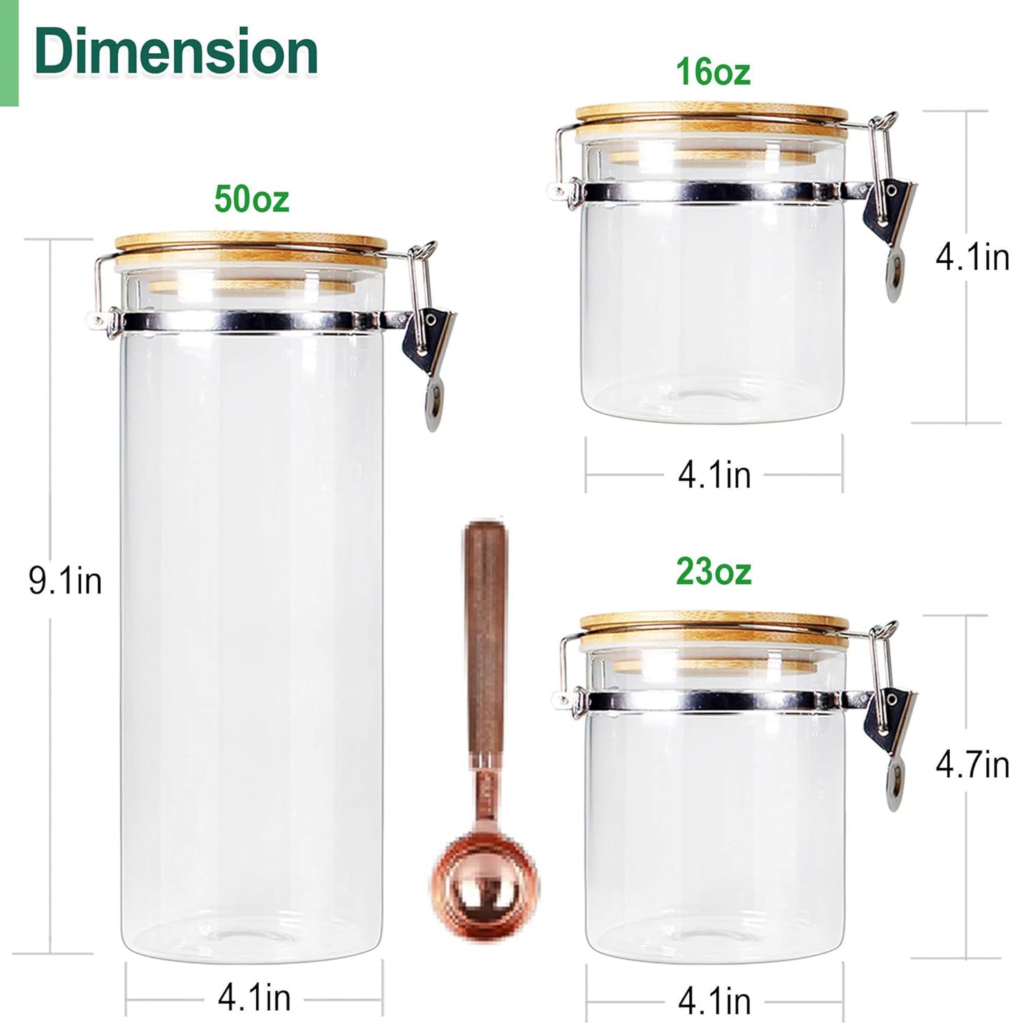 Urban Green Borosilicate Glass Storage Jars with Airtight Locking Clamp Lids, Airtight Canister Set，Coffee Set of 3 with Spoon (50oz, 24oz, 18oz), Storage Containers with Bamboo Lid