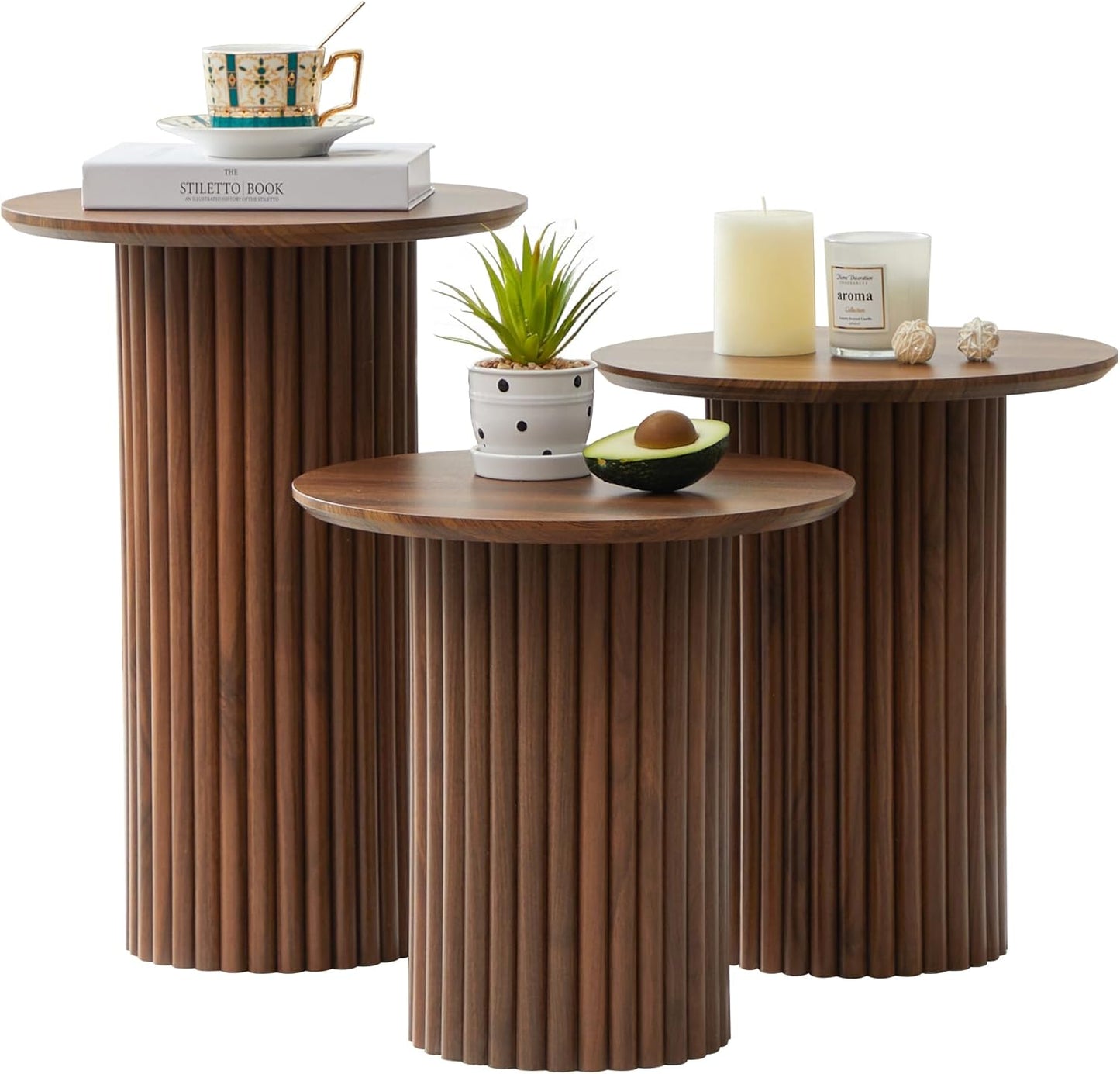 Round Nesting Coffee Table Set of 3,Mid Century Modern Fluted Coffee and End Table Set,Small Circle Wooden Side Table Drink Table for Living Room (Walnut)