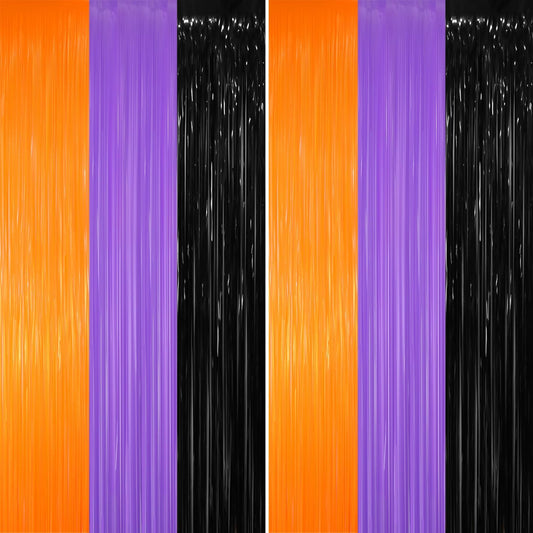 GOER 6.4 ft x 8.2 ft Metallic Tinsel Foil Fringe Party Backdrop for Halloween Birthday Graduation New Year's Party Decorations(2 Packs,Black&Orange&Purple)