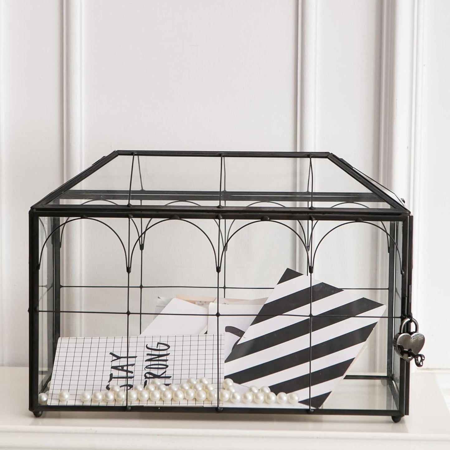 Wedding Card Box with Slot, 12.6'' Large Glass Card Boxes for Reception, Black Geometric Holder, Clear Decorative Storage Box with Lock for Baby Shower, Birthday Party, Christmas, Bridal Shower