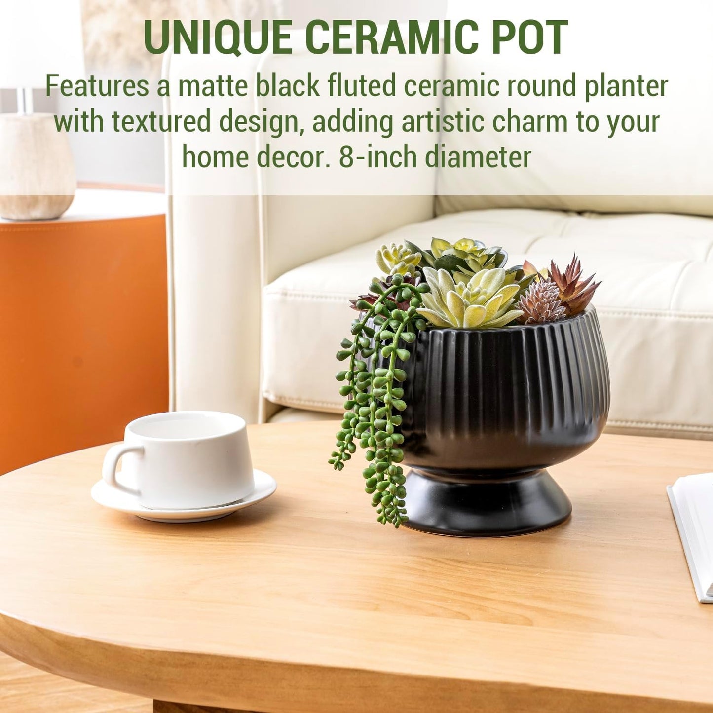 MyGift 8 Inch Modern Green Artificial Succulent Arrangement Potted in Matte Black Fluted Ceramic Round Planter, Decorative Plant Pot with Assorted Faux Mini Succulents