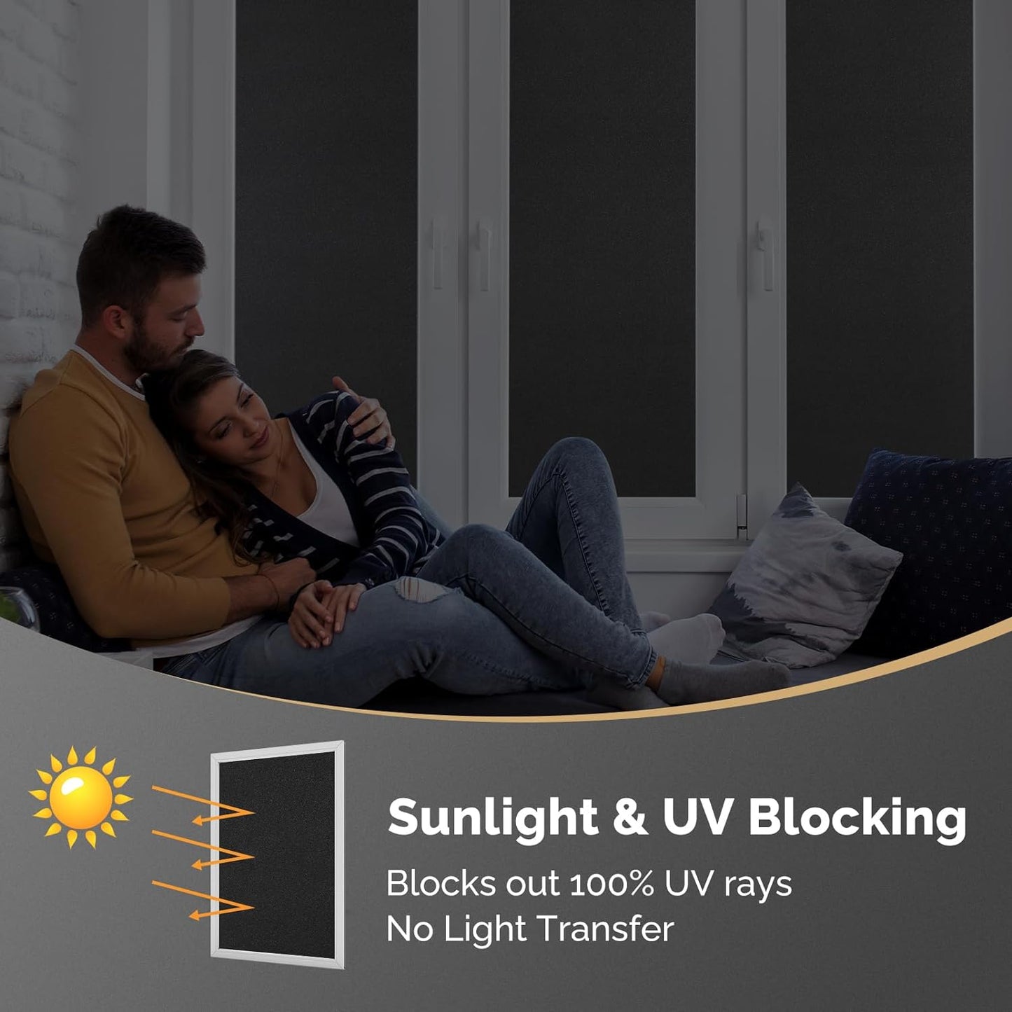 DOWELL Blackout Window Film, 100% Light Sun Blocking Static Cling Frosted Privacy Film for Glass, Heat Control Removable Window Tint, Room Darkening Cover for Day Sleep, Black, 35.4" x 118"