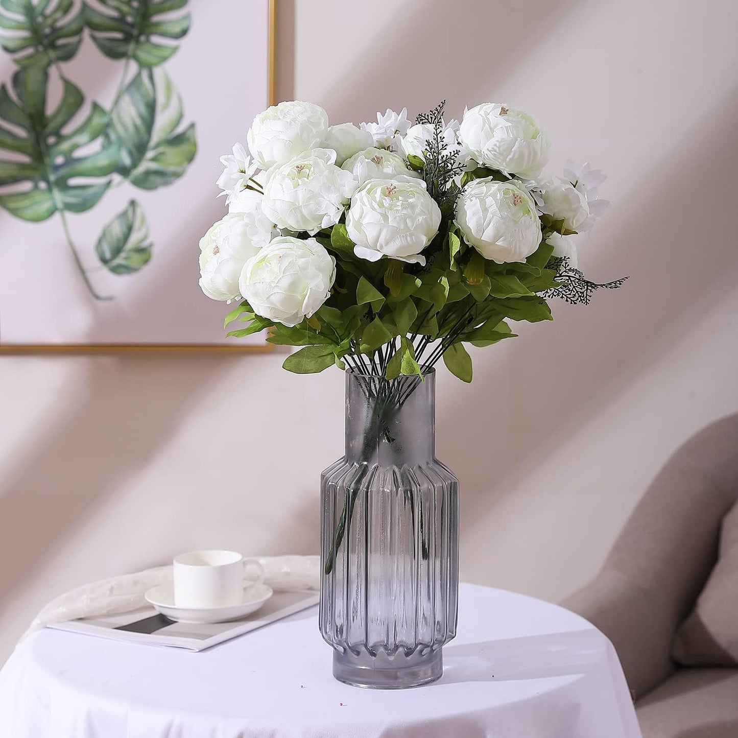 Duovlo Springs Flowers Artificial Silk Peony Bouquets Wedding Home Decoration,Pack of 1 (Spring White)