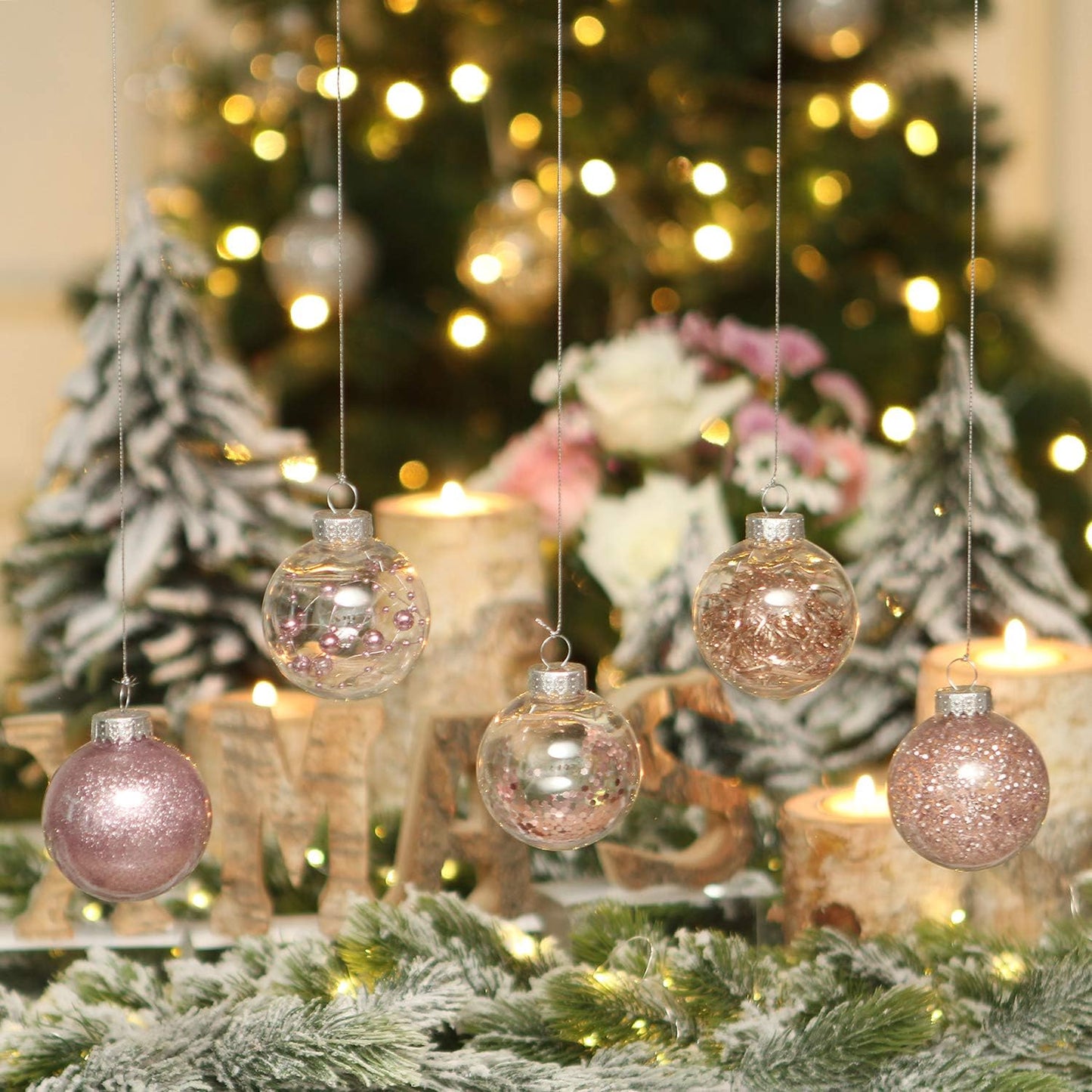 Sea Team Shatterproof Clear Plastic Christmas Ball Ornaments Decorative Xmas Balls Baubles Set with Stuffed Delicate Decorations (60mm/2.36 inch 30-Pack, Pinkish Gold)