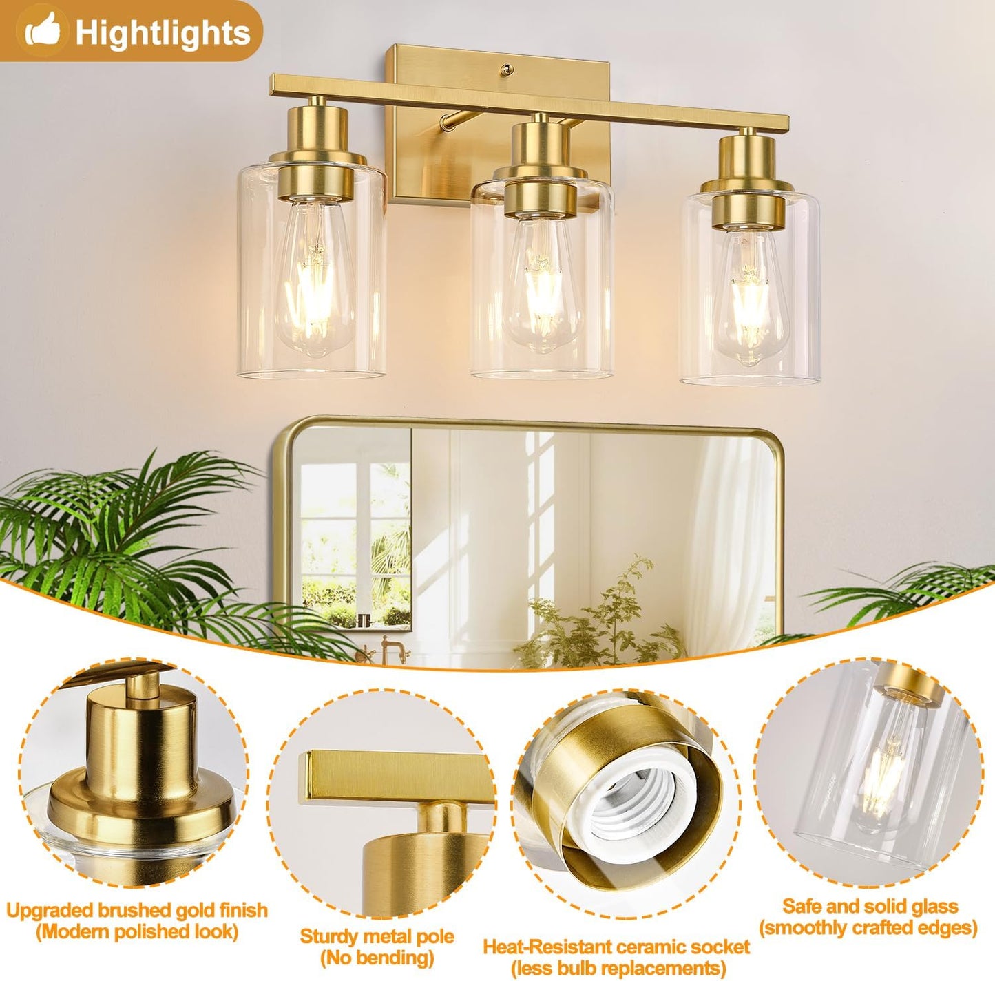 3-Light Vanity Lights with Clear Glass Shades, Brushed Gold Bathroom Light Fixtures Over Mirror, Modern Bathroom Wall Lamp for Mirror Living Room Cabinet Bedroom Porch