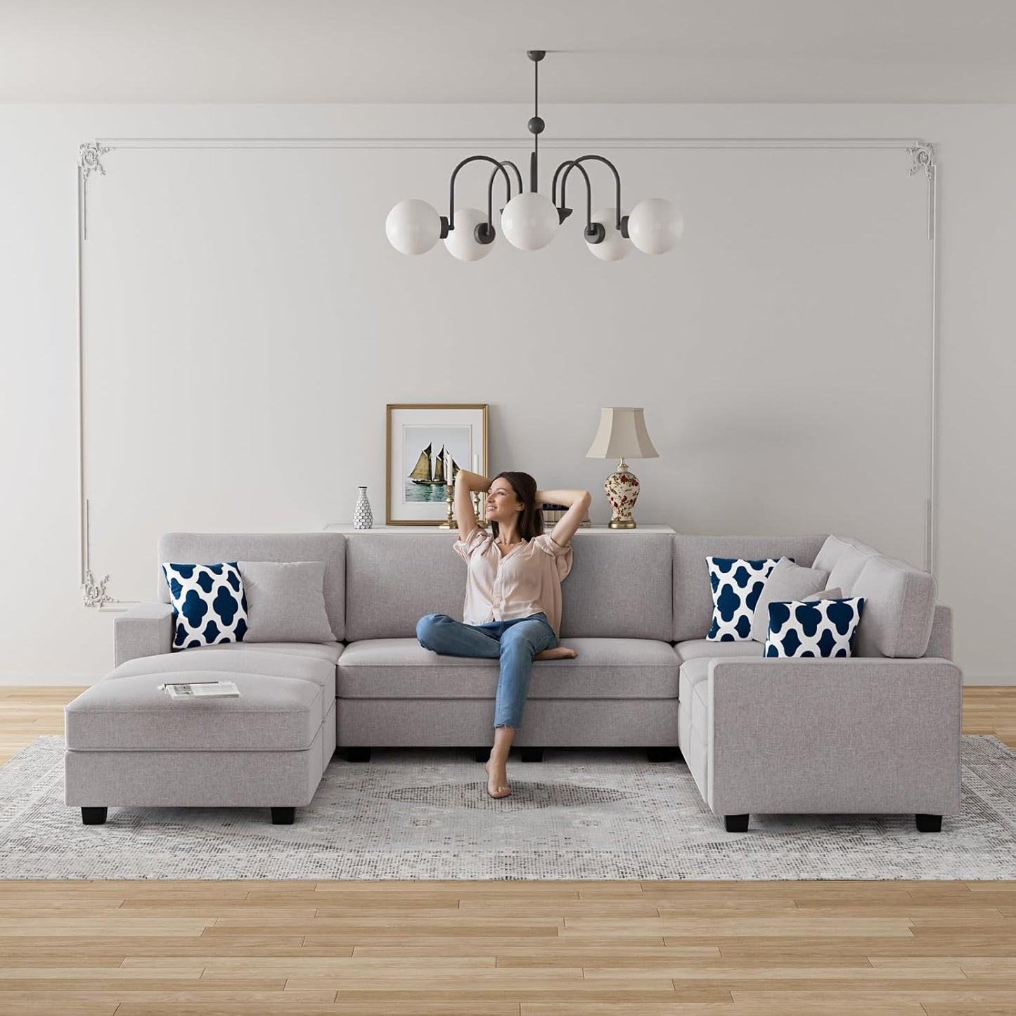 L Lengend Vansen Modular Sectional Sofa U Shaped Couch with Ottoman Modern Reversible Corner Sectional Couch for Living Room (Light Grey, U Shaped Sofa-3)