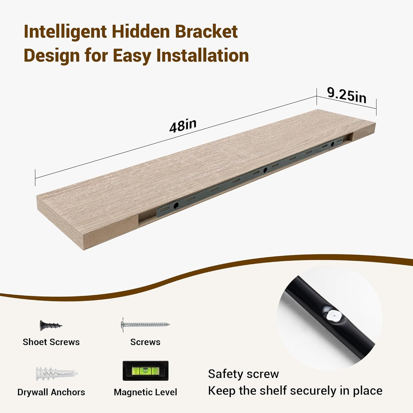 48 Inch Floating Shelves, 3D Textured Wood Grain, 48"x9.25"x1.5" Inch Deep Floating Shelves for Wall, Wooden Shelves for Bathroom, Bedroom, Living Room, Vintage White Oak