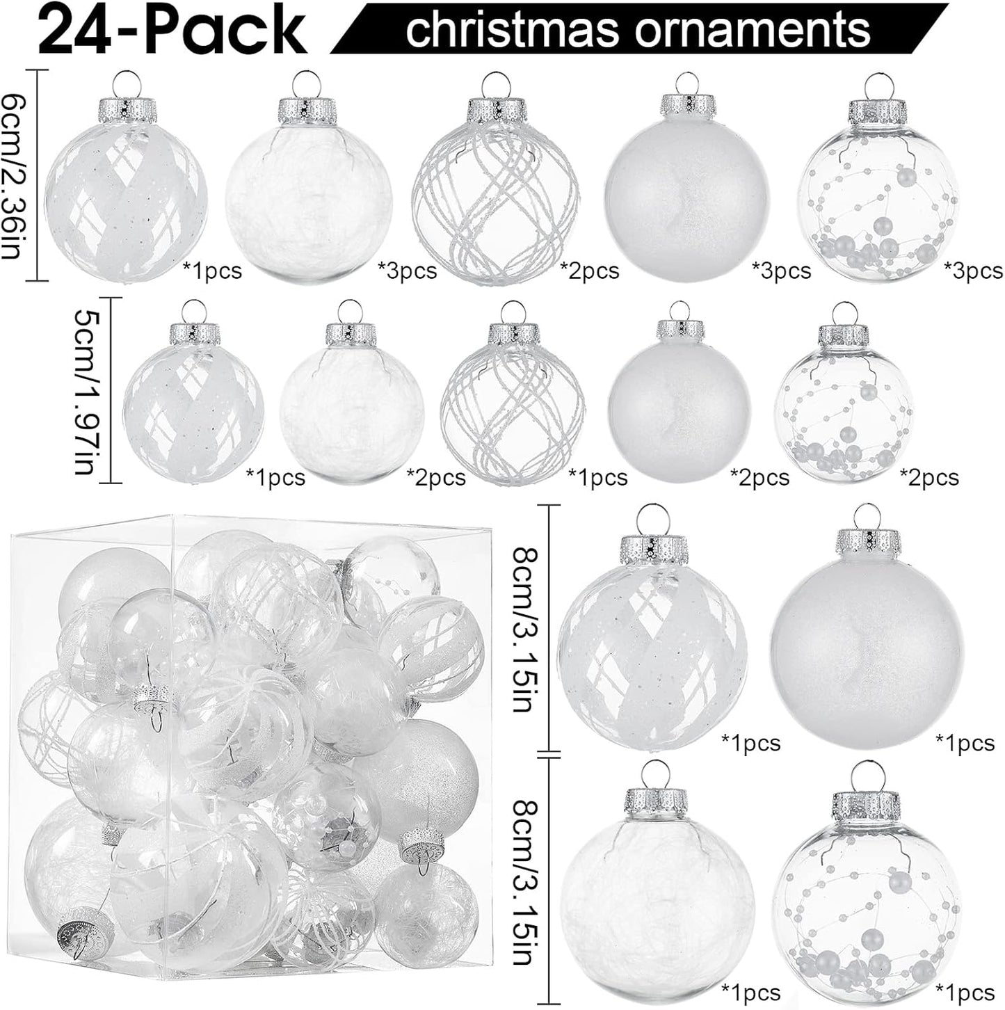 Clear Christmas Ball Ornaments,24ct Shatterproof Plastic Decorative Christmas Ornaments Hanging Xmas Tree Baubles Set with Stuffed Delicate Glittering Decorations for Holiday Party Home Decor(White)