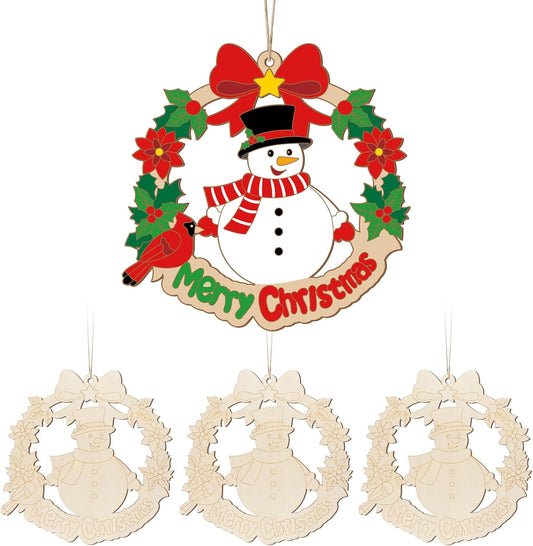 Paintable Christmas Ornaments 3 Sets, Wooden Snowman Ornaments to Paint, Unfinished Christmas Snowman Wreaths Wood Crafts for Painting, Wood Cutouts DIY Xmas Ornament for Door Decor (Snowman
