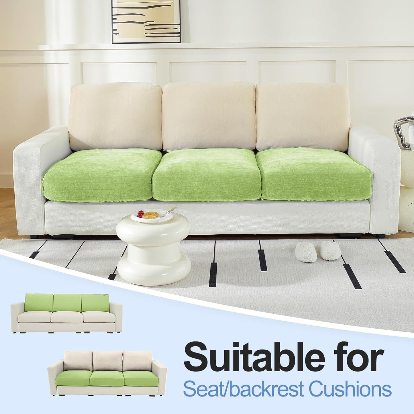Couch Cushion Covers Individual Large Super Stretch Chenille (Softer Version) Sofa Cushion Covers, Couch Seat Covers Couch Slipcovers Furniture Protector (3PC, Green)