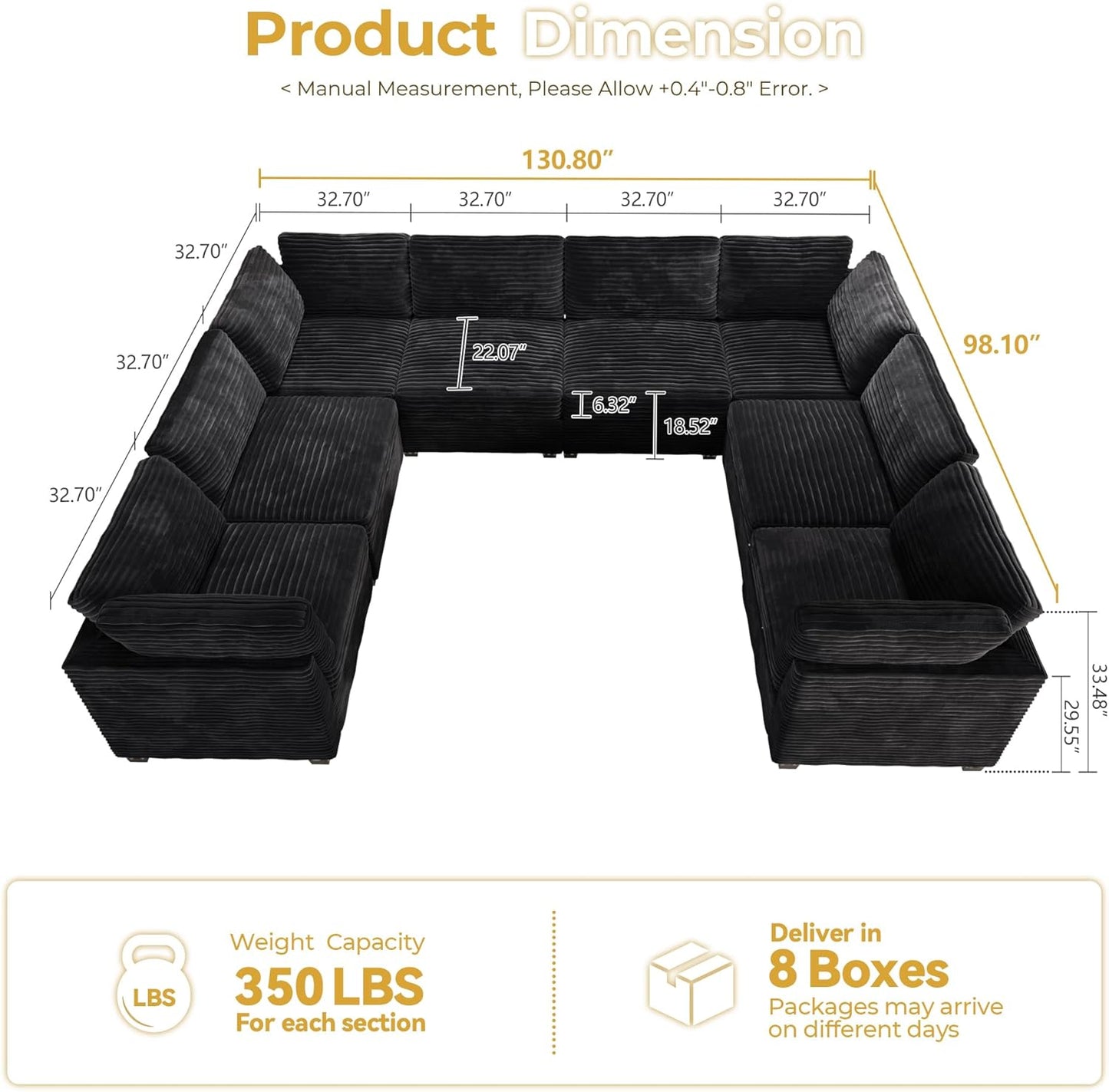 HOOOWOOO Modular Sectional Sofa,8 Pieces Sectional Couches for Living Room,131X98 L Shaped Cloud Couch with Ottoman Chaise Set(Black Velvet Corduroy)