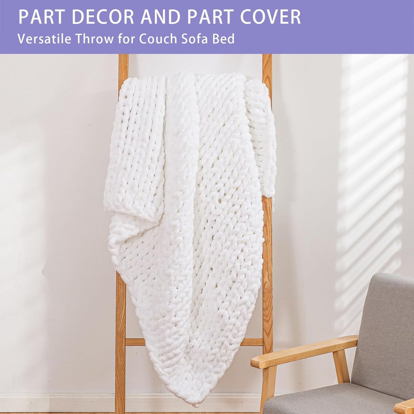 Bigacogo Chunky Knit Throw Blanket for Couch, 80x90 inches, 100% Hand Knitted with Thick Jumbo Chenille Yarn, Cozy Soft Large Rope Knot Cable Crochet Blankets for Sofa Bed Living Room, White