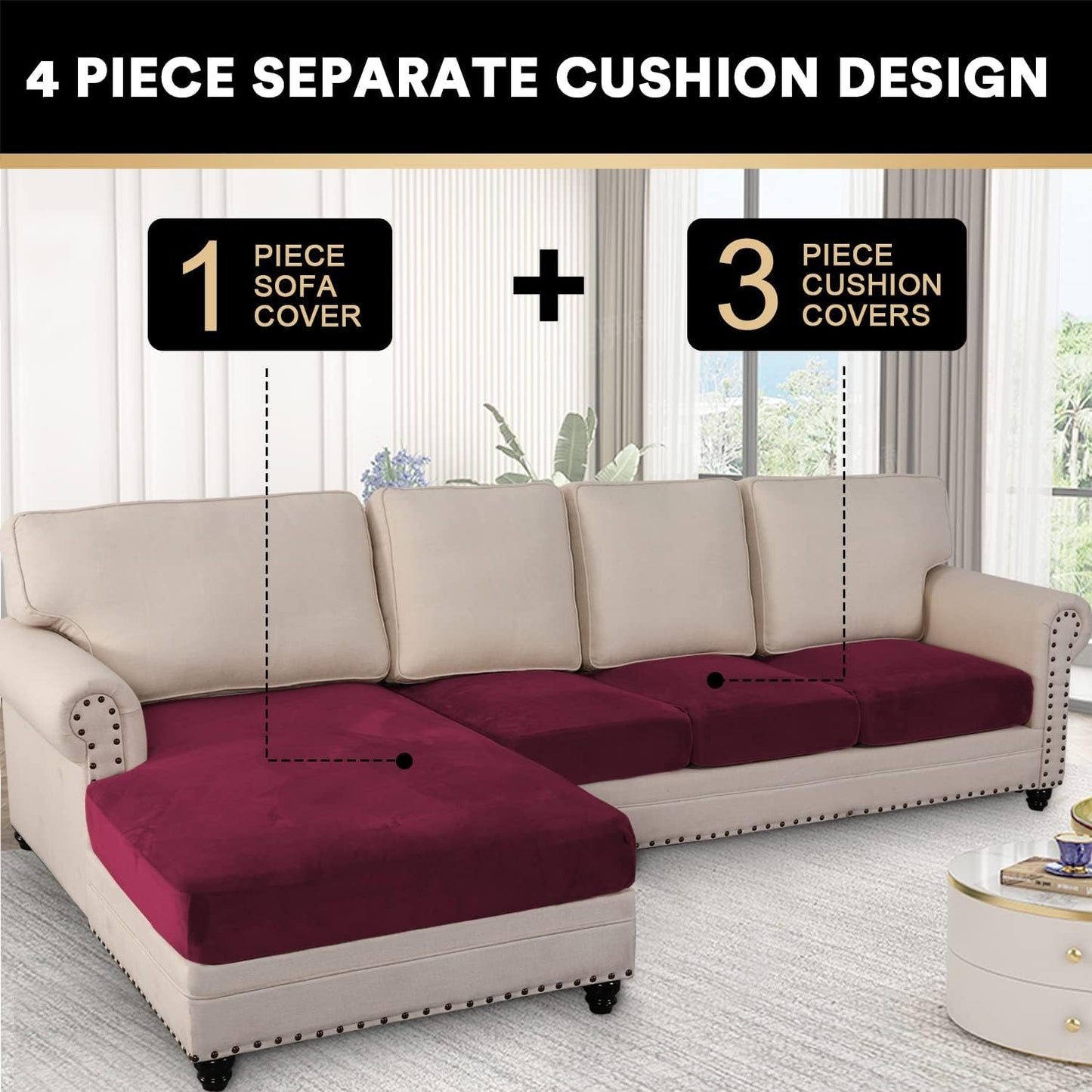 PrinceDeco Velvet Couch Covers - 4 Piece Set for Sectional Sofa (3 Seater + 1 Chaise, Burgundy)