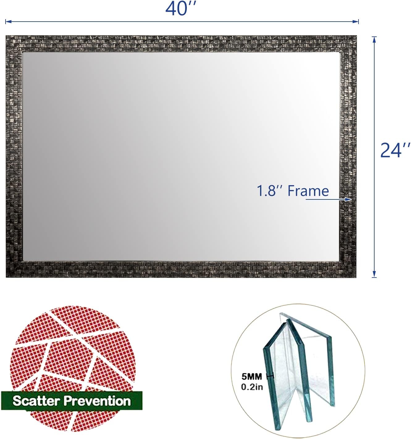 Bathroom Wall Mirror, Decorate Bathroom Mirrors for Wall, Rectangle Modern Bathroom Wall Mounted Mirror Vertical or Horizontal Hanging for Living Room (Black 24“ X 40")