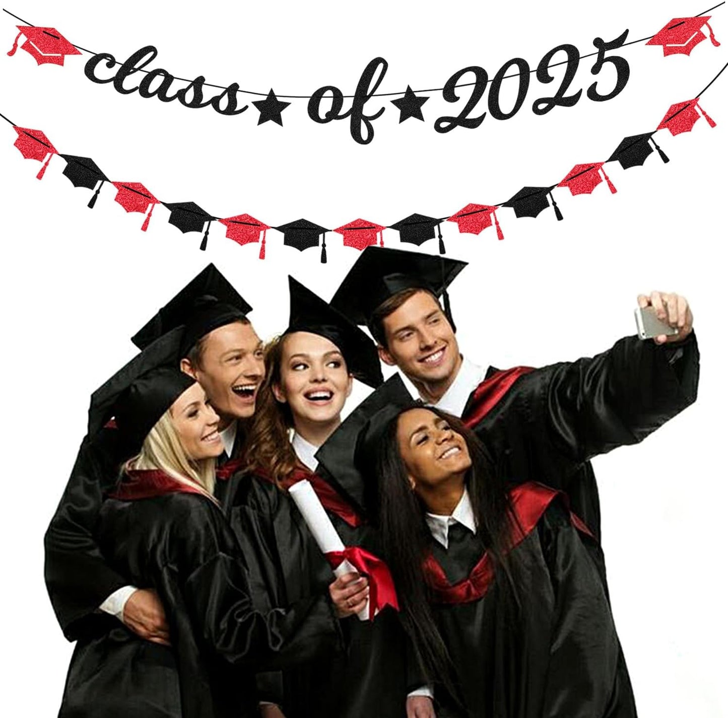 Red Black Party-Decoration Graduation Banner - 14pcs Kits Cap Garland Streamers, Paper Tissue Pom Poms Flowers Fans Honeycomb,Class Of 2025 College High School Grad Decor Hugfond