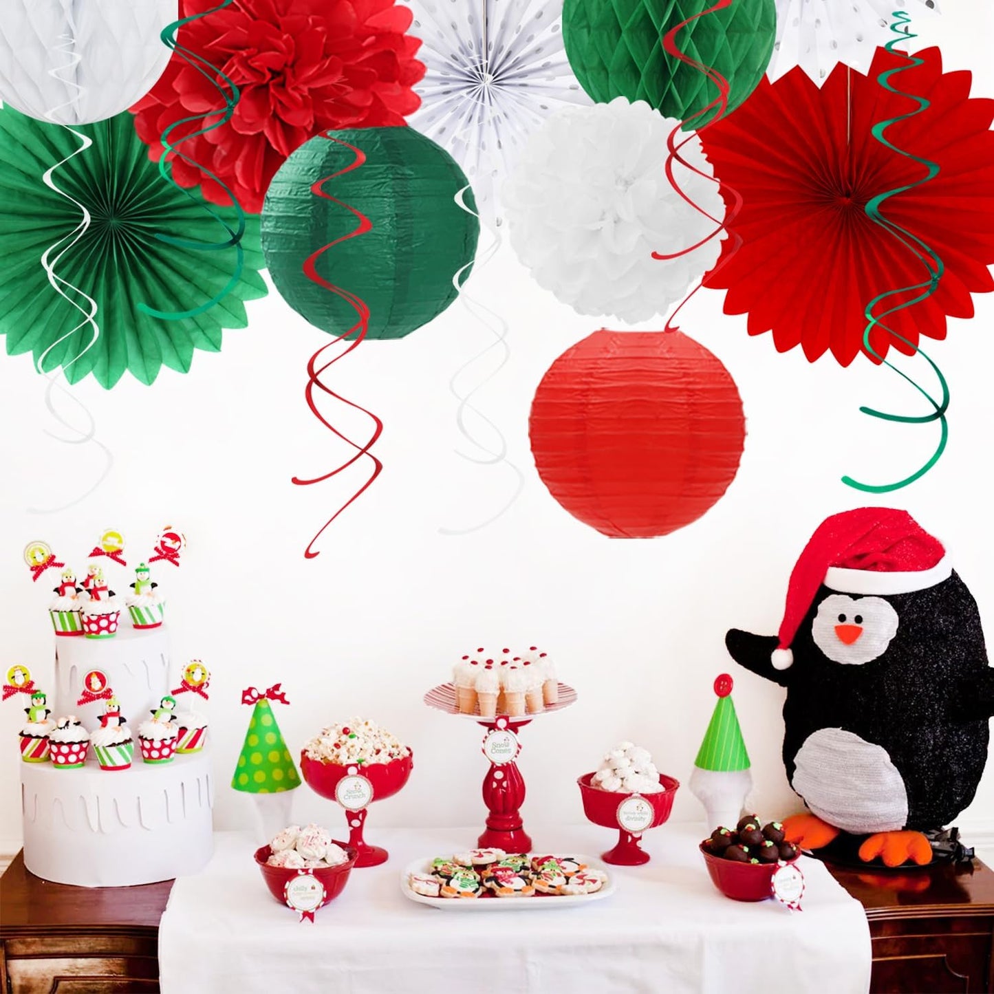 Red White Green Mexican Christmas Birthday Party-Decorations - 21pcs Happy Banner,Paper Lanterns Honeycomb,Tissue Pom Poms Flower Fan,Italian Kids Classroom Hanging Streamers Garland Decor Huglony
