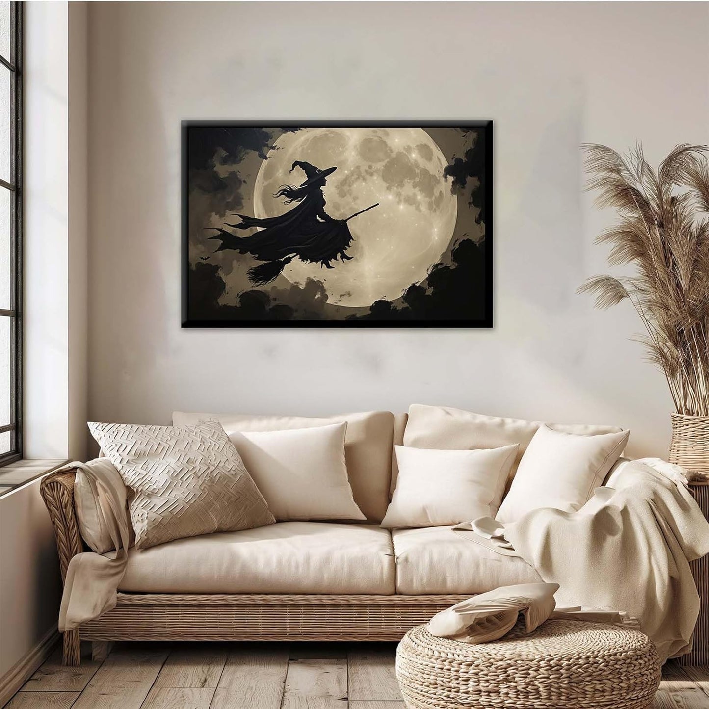 JFHCQJPK Full moon witch silhouette poster witch on magic broom Halloween mural poster decorative mural art suitable for home living room bedroom16x24in Metal blackFramed