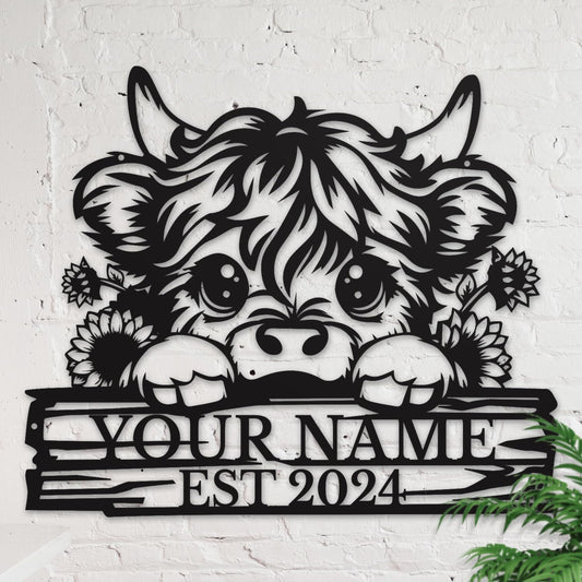 Personalized Highland Cow Name metal Signs,Custom Highland Cow Metal Shed Wall Decor,Black Metal Wall Art Plaques Outdoor wall Decorative Signage (Style D)