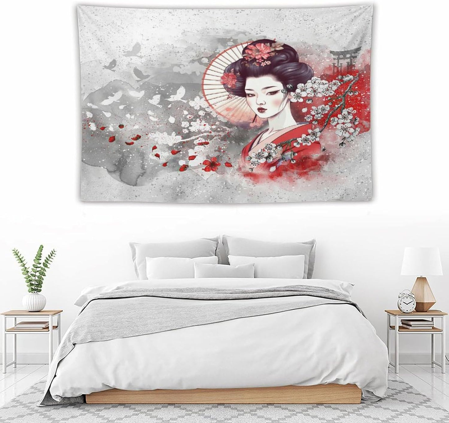 Japanese Geisha Tapestry Asian Red Cherry Blossom Traditional Kimono Folk Tapestries Home Decor for Living Room Bedroom Apartment Farmhouse Dorm 60"x40"