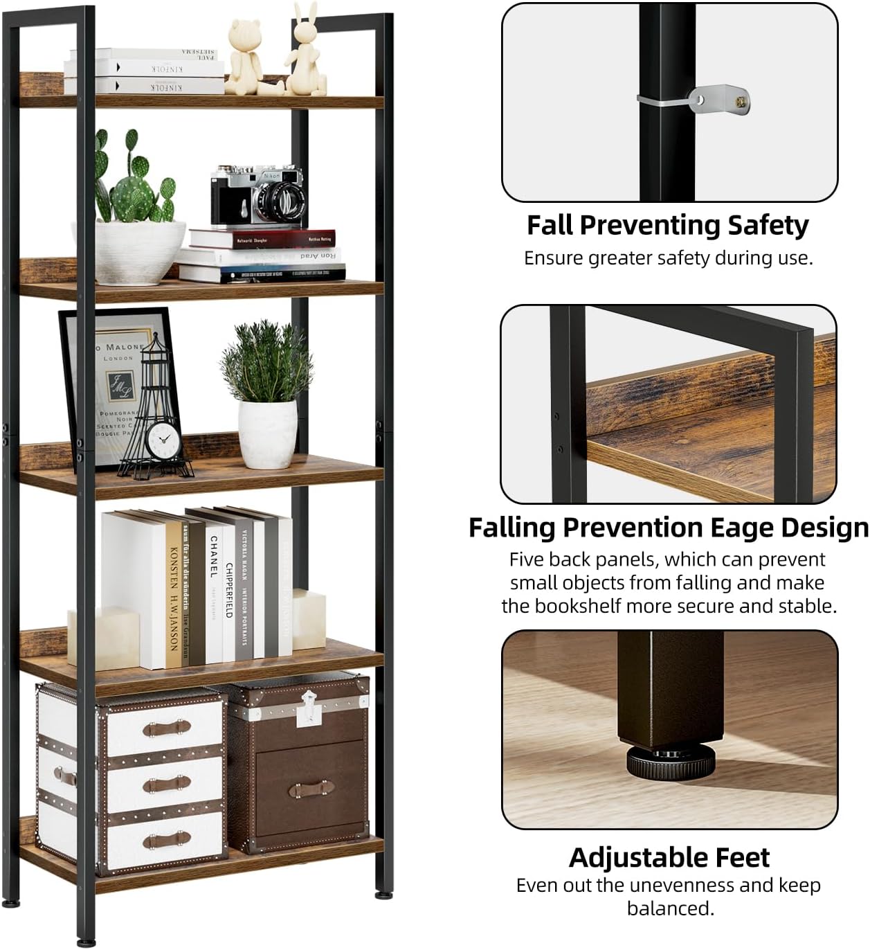 NUMENN Bookshelf, 5 Tier Bookshelves, Home Office Bookcase Shelf Storage Organizer, Free Standing Storage Shelving Unit for Bedroom, Living Room and Home Office, Vintage