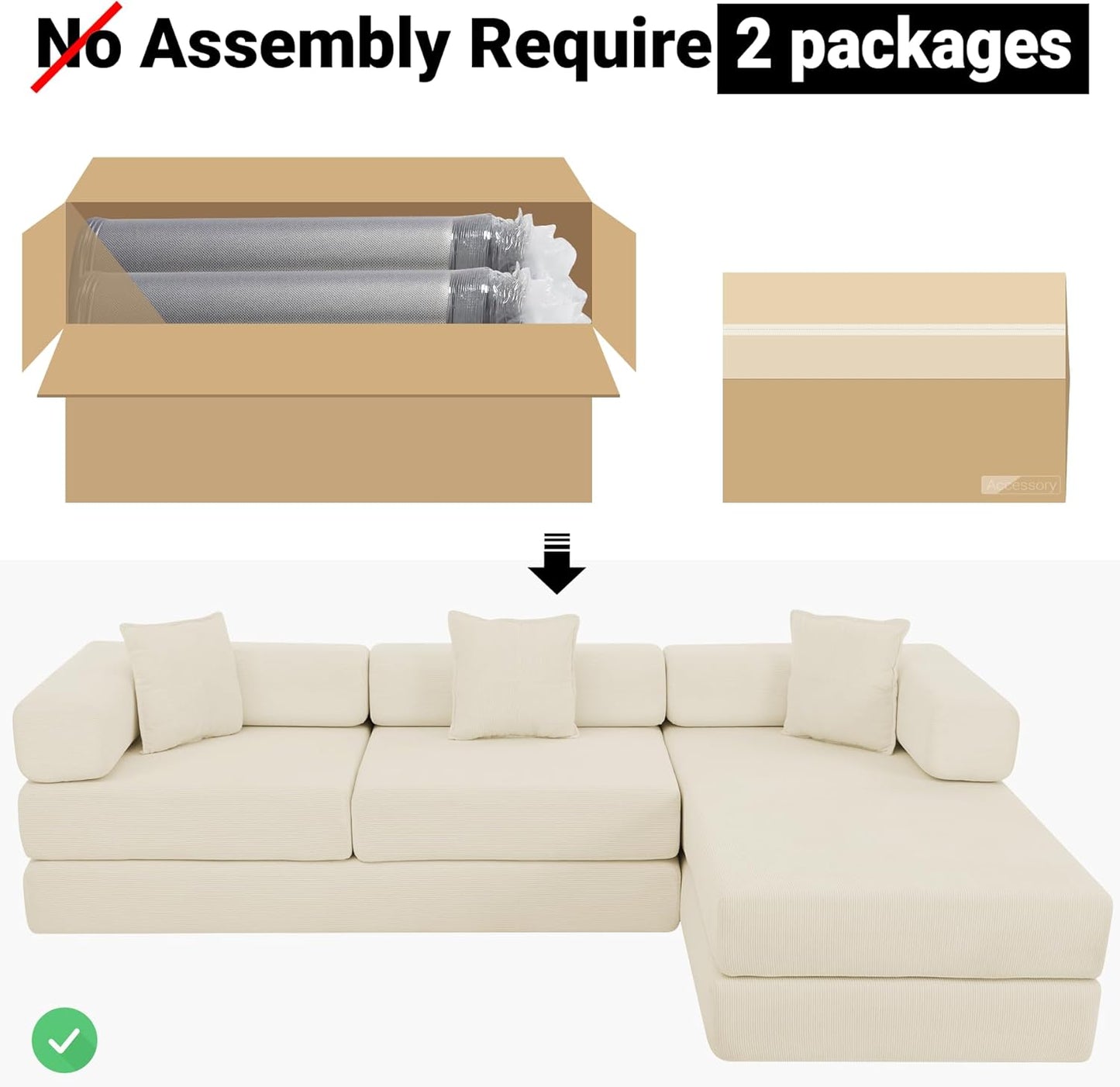 108" Oversized Convertible Sleeper Sofa Bed, Corduroy L Shape Sectional Couch, Folding Sofa Bed with Side Pocket, Modern Cloud Floor Mattress Couch, Modular Sofa for Living Room, Beige