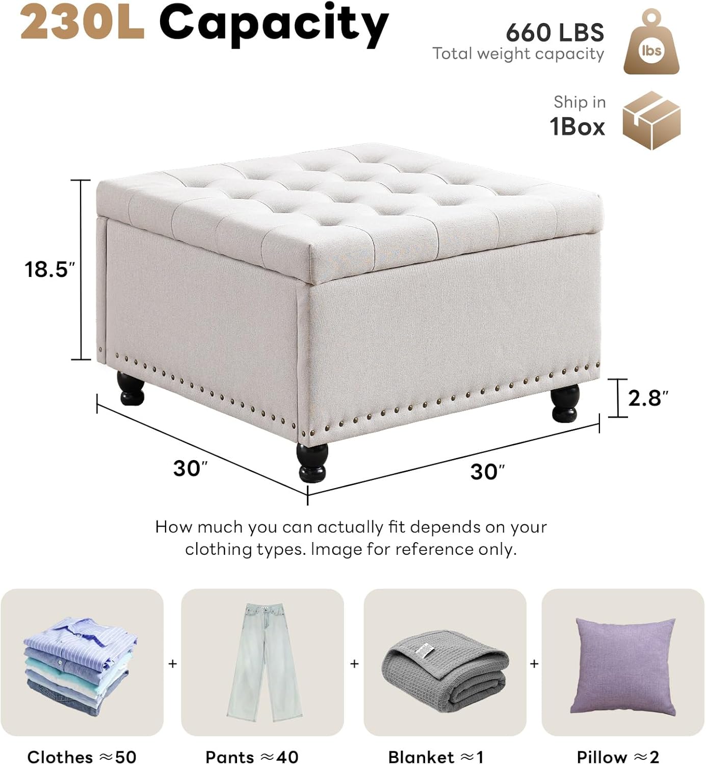 Tbfit Large Square Storage Ottoman Bench, Botton Tufted Upholstered Coffee Table with Wooden Legs, Oversized Storage Ottomans Toy Box Footrest for Living Room, Apartment, Beige