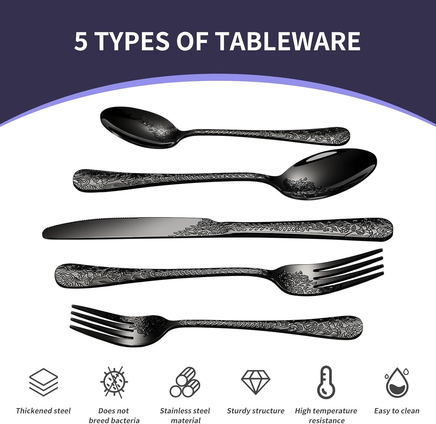 Floral 40 Pcs Black Silverware Set for 8, Food Grade Stainless Steel Flatware Set with Rose Flower Embossed Design, Eating Utensils Sets Include Fork/Knife/Spoon, Reusable Cutlery Set, Dishwasher Safe