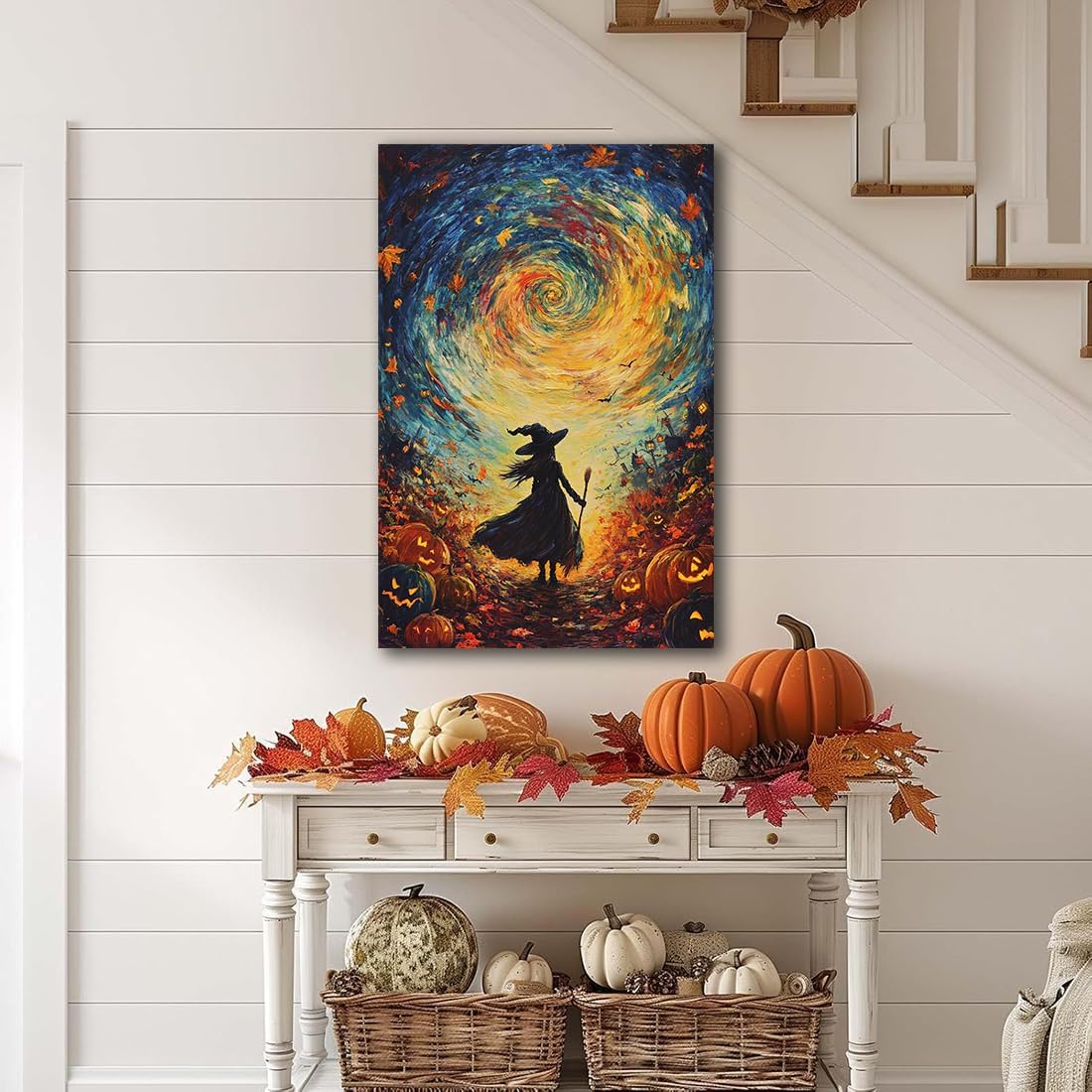 Halloween Autumn Witchy Decor Wall Art Prints,Gothic Witch in Whirlwind Autumn with Pumpkins Scene Pictures Poster,Fall Festival Home Decor Painting Canvas Poster for Bedroom Bathroom,16"x24" Framed