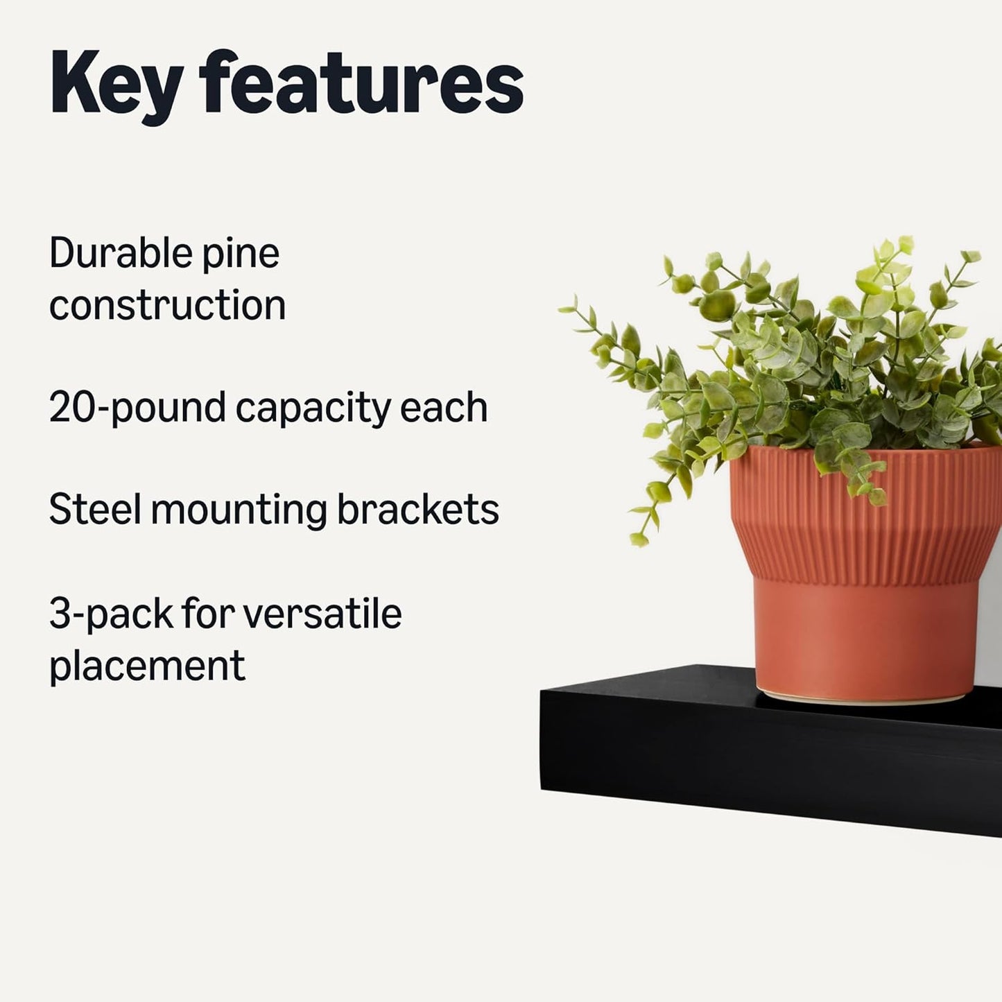 Amazon Basics Wood Floating Wall Shelves, Pack of 3, Black, 15.8" x 5" x 1.8"