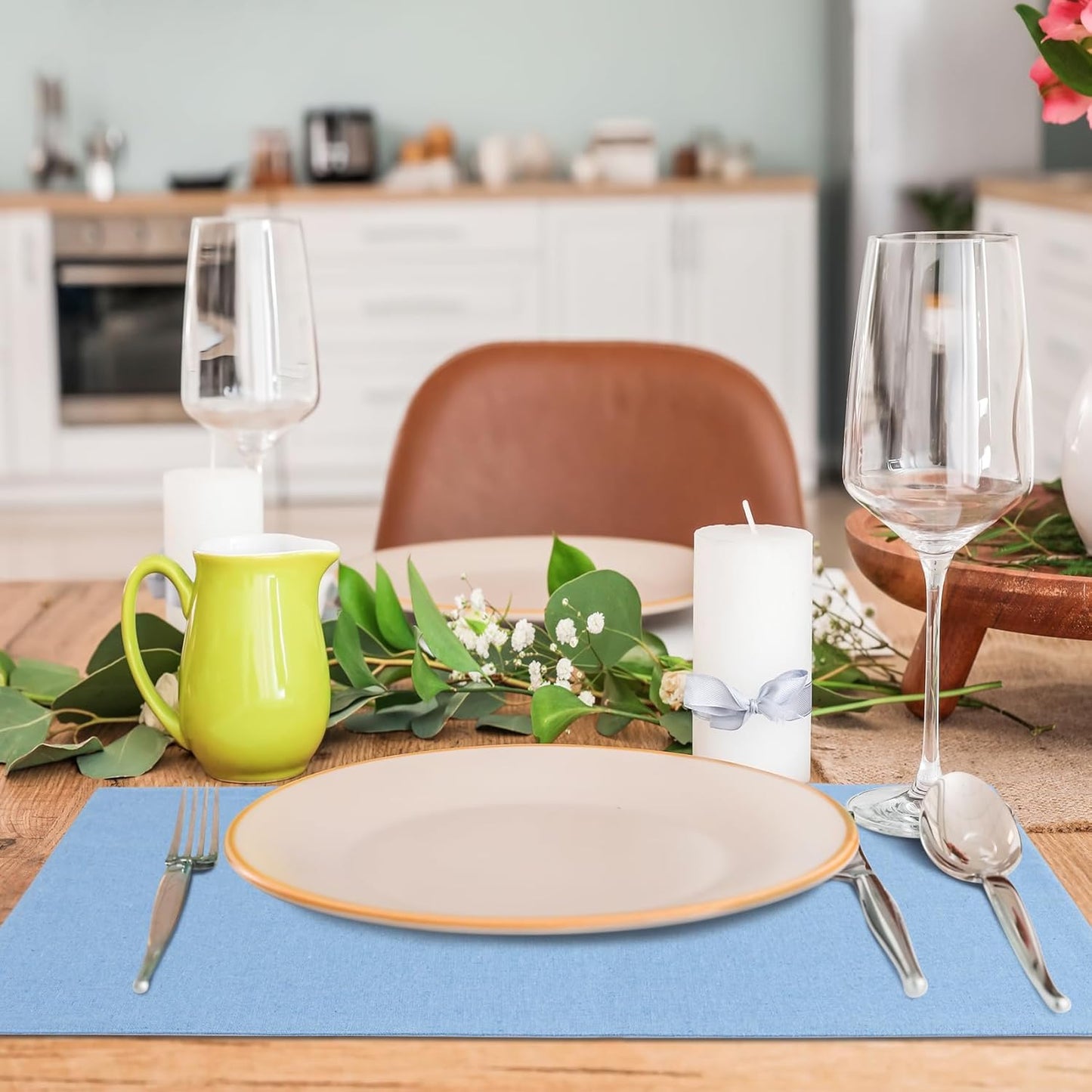 MANSPHIL Table Cloth Placemats Set of 4 Washable Cotton Thick Faux Linen Place Mats Heat Resistant Double Layer Table Mats for Dining Kitchen Indoor Use - 13x19 Inch Light Blue