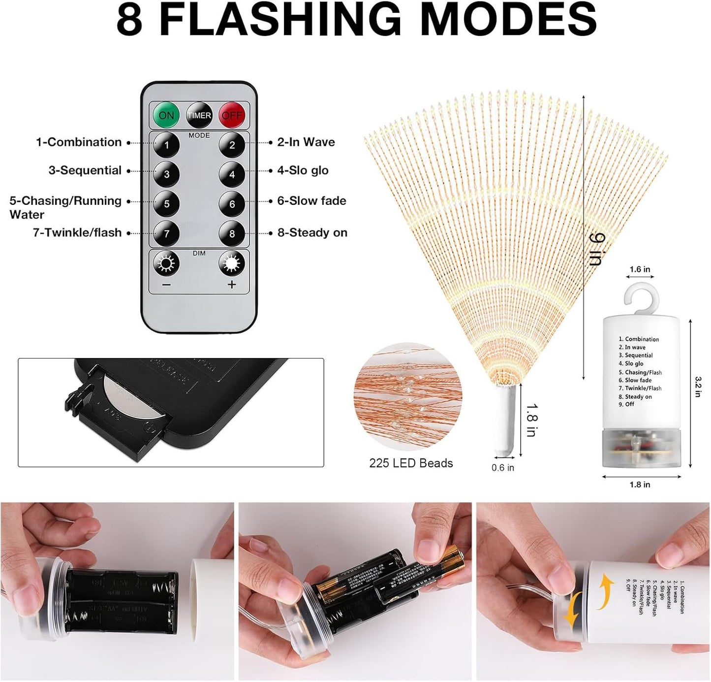 Techip 4 Pcs 225LED Battery Operated Fairy Lights With Remote - Indoor Outdoor Hanging Decor for Wedding, Bedroom, Patio, Garden, Christmas, Halloween (Cool White, 4pcs)