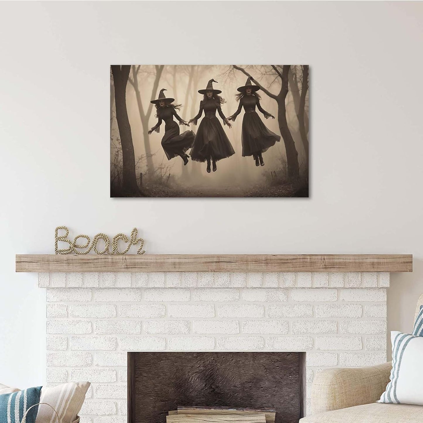 Three ghost witches flying in vintage forest gothic wall art witchcraft decoration holiday gift canvas wall art print28x40in Wood Framed