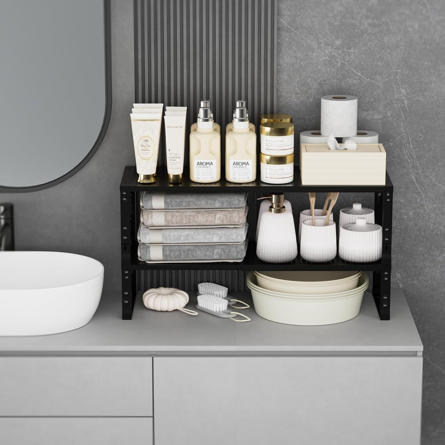 Expandable Spice Rack,Stackable Storage for Cabinet, Multi-Functional Kitchen Shelving,Height-Adjustable,Sustainable Organizer Solution(1Pack/Black/Medium)