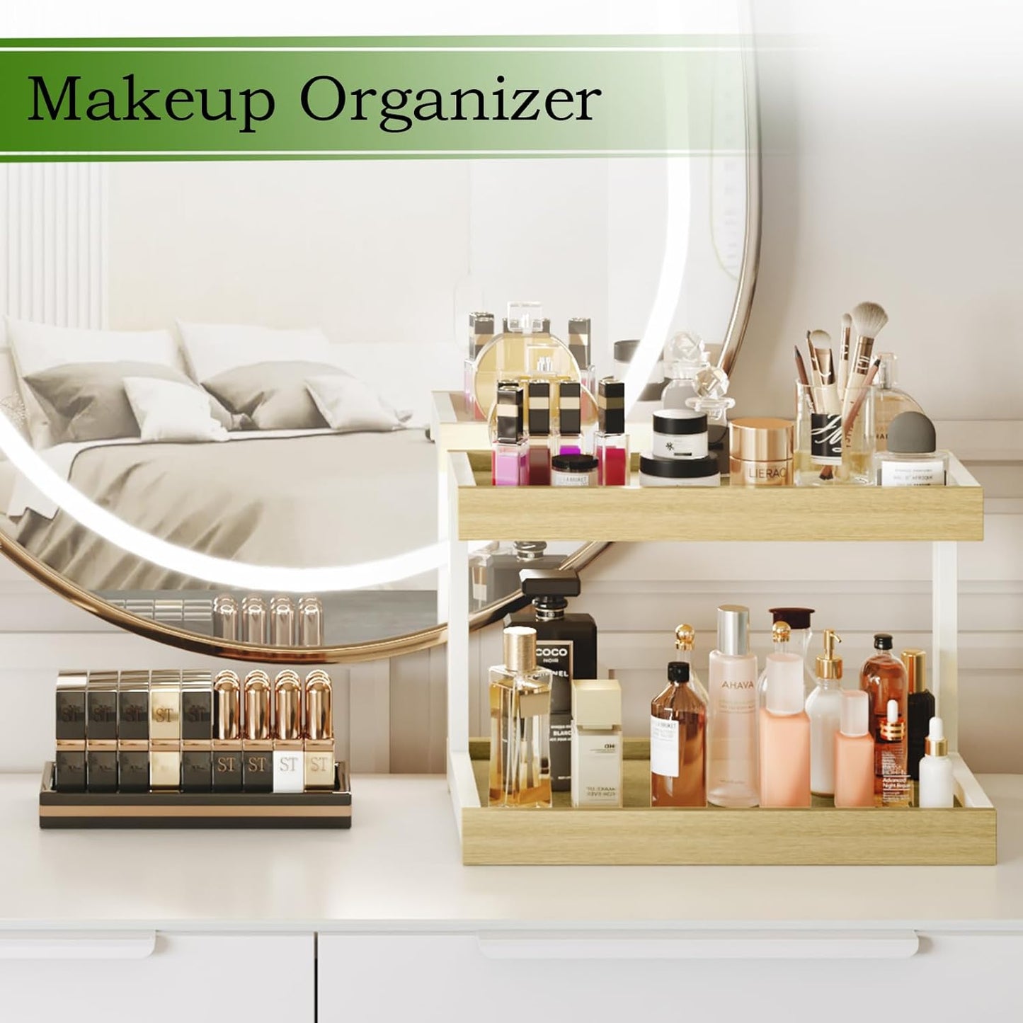 MARTY 2 Tier Spice Rack Organizer for Countertop, 15.8''L Coffee Station/Bathroom Organizer Countertop, Counter Shelf Desktop Storage Organizer for Kitchen, Bedroom, Office