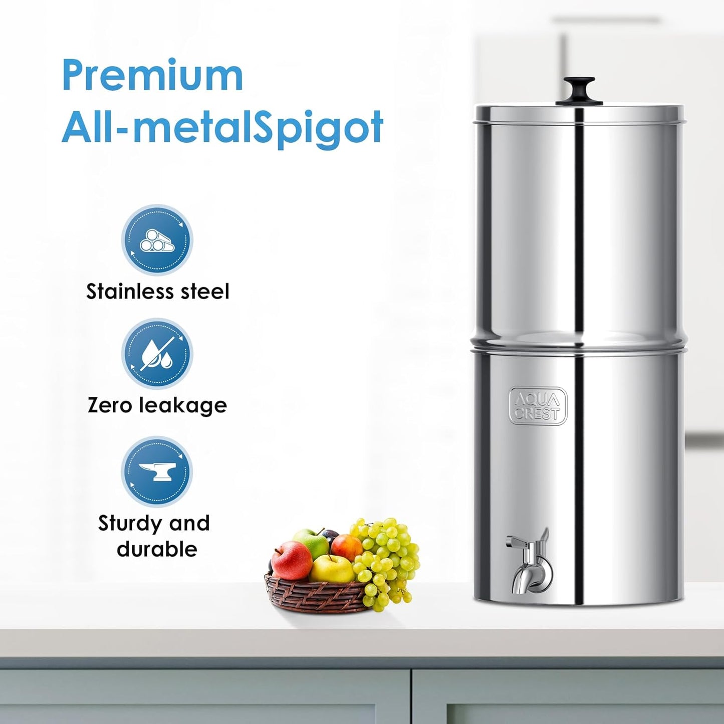 AQUA CREST Gravity Water Filter System, NSF/ANSI 42&372 Certified Black Carbon Filters, Reduce Lead and Up to 99% Chlorine, 2.25G, for Home, Camping, RVing, Off-Grid, Emergencies, AQ-TN-A