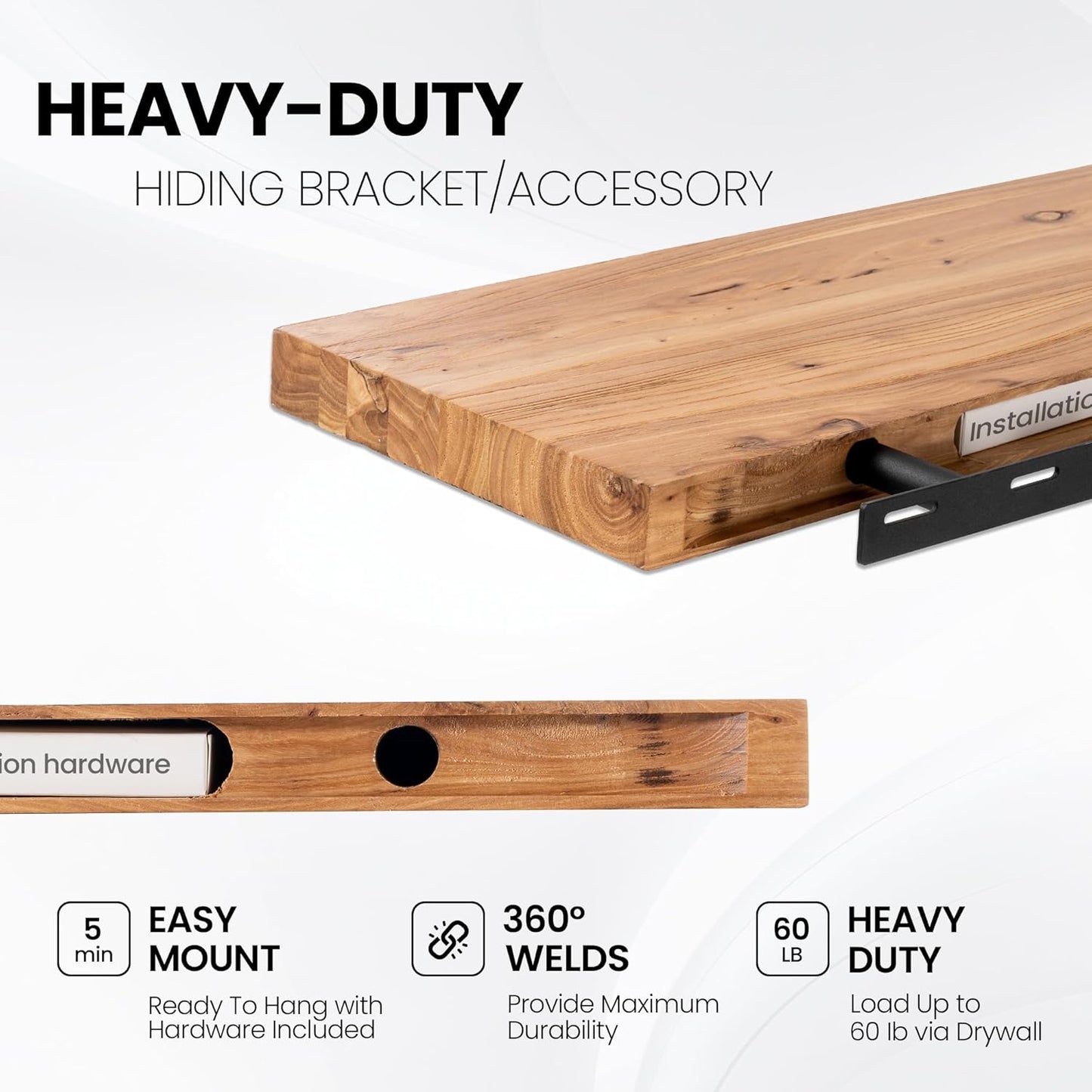 Fun Memories Floating Shelves for Wall, 48"x9.3" Rustic Solid Elm Wood Shelves, Heavy-Duty Wall Mounted Shelves with Invisible Brackets for Living Room, Bedroom, Kitchen, Natural Finish