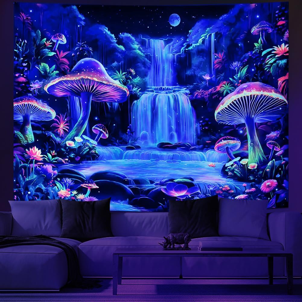 Dermijer Blacklight Tapestry Fantasy Mushroom Forest Tapestry UV Reactive Waterfall Tapestries Moon Night Neon Flower Landscape Wall Hanging for Home Decor L92.5×W70.8