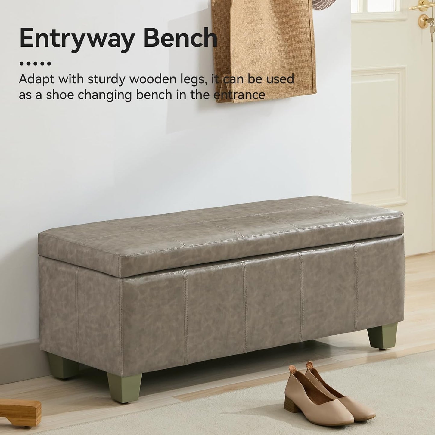 51" Faux Leather Storage Ottoman, Stitch Tufted Rectangle Upholstered End of Bed Storage Bench, Entryway Large Couch Ottoman with Wooden Legs,Grey