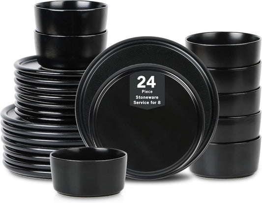 Stone Lain Eden 24-Piece Dinnerware Set Stoneware, Plates and Bowls Set, Dishwasher and Microwave Safe Dish, Dish Set for 8, Black