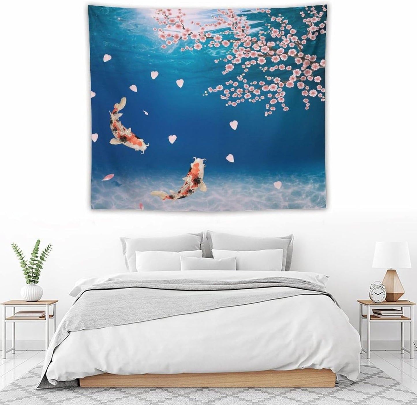 Japanese Koi Fish Tapestry, Cherry Blossoms Asian Oriental Blue Floral Branch Koi Fish Carp Tapestries Wall Hanging for Bedroom Living Room Office Decor 60"x50"