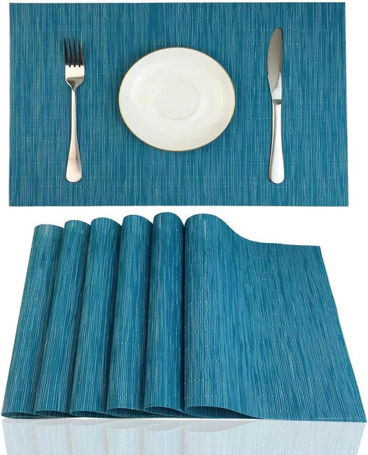 Placemats Set of 6 for Dining Table Heat-Resistant Washable Place Mats Woven Vinyl Kitchen Table Mats Easy to Clean,Blue