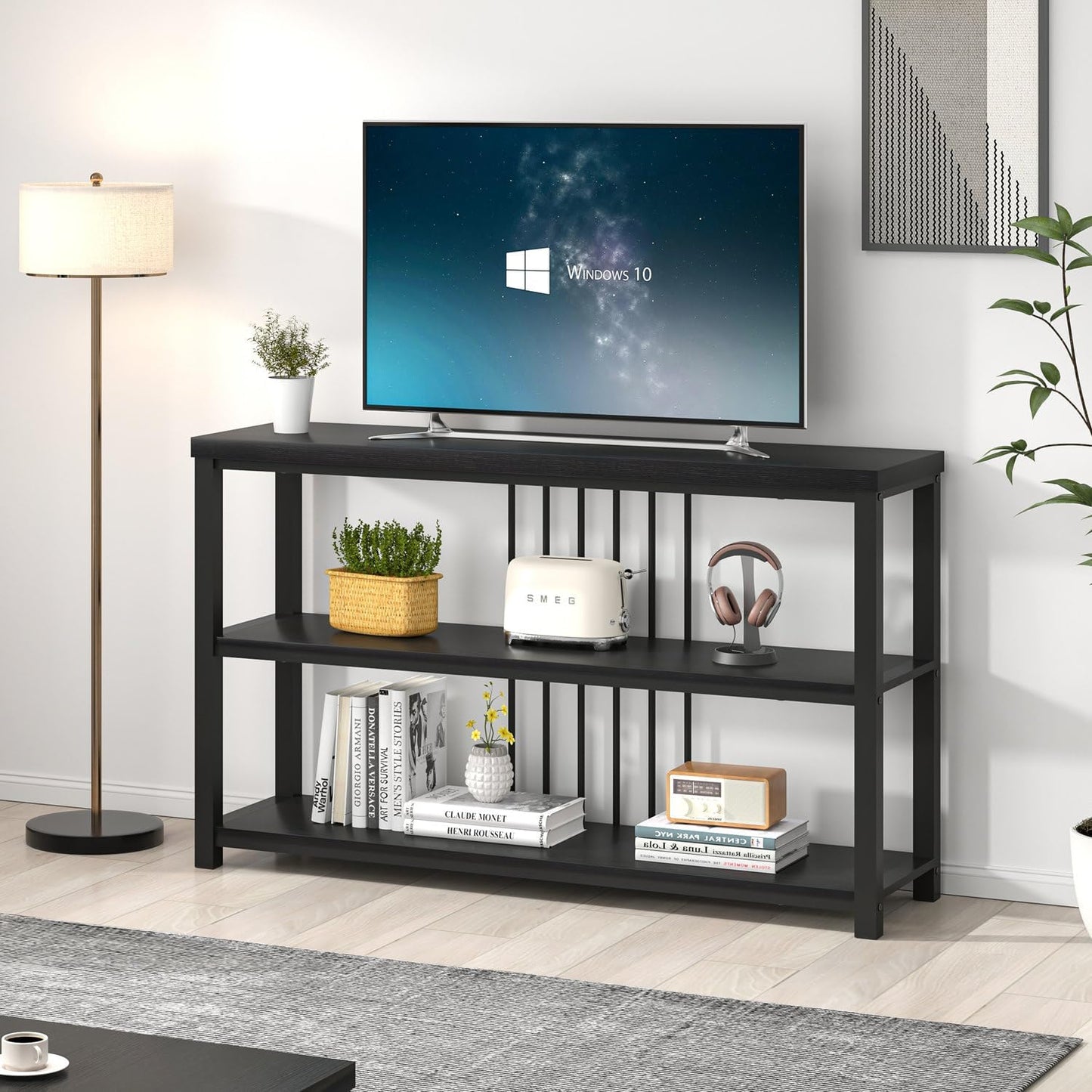 FOLUBAN Entryway Table, Modern Sofa Console Table with 3 Tier Storage Shelf for Living Room Hallway Foyer, Industrial Black Oak